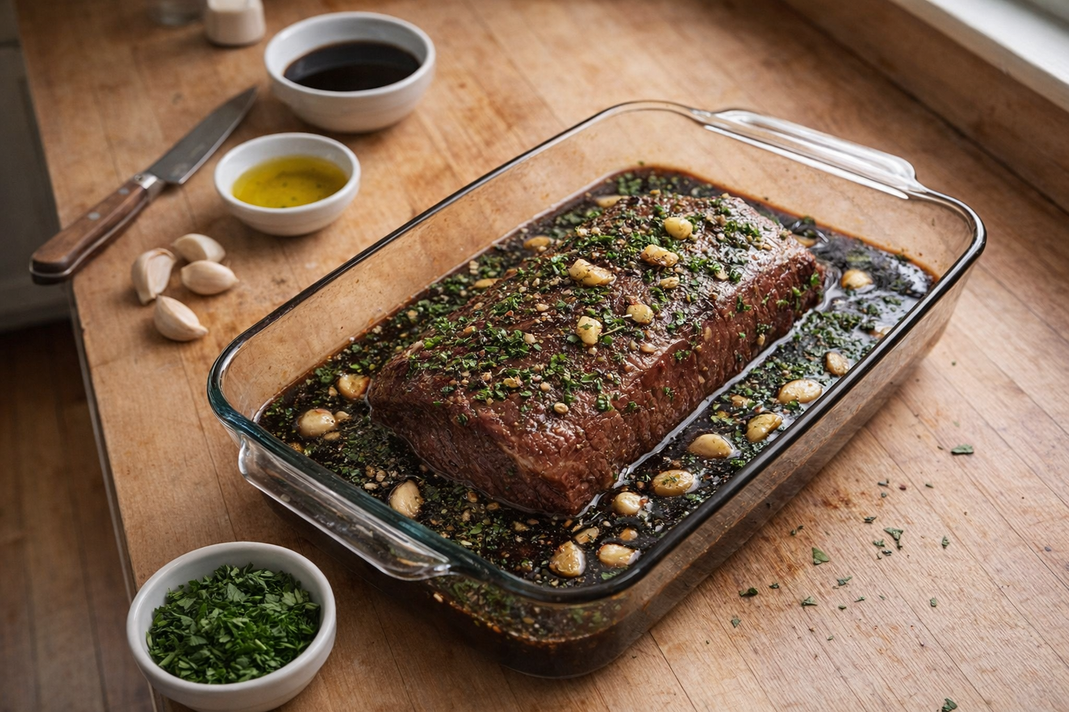 Overhead shot of London broil steak marinating in a glass dish with a dark marinade, surrounded by ingredients like garlic cloves, soy sauce, olive oil, and chopped parsley, on a wooden countertop, natural window light